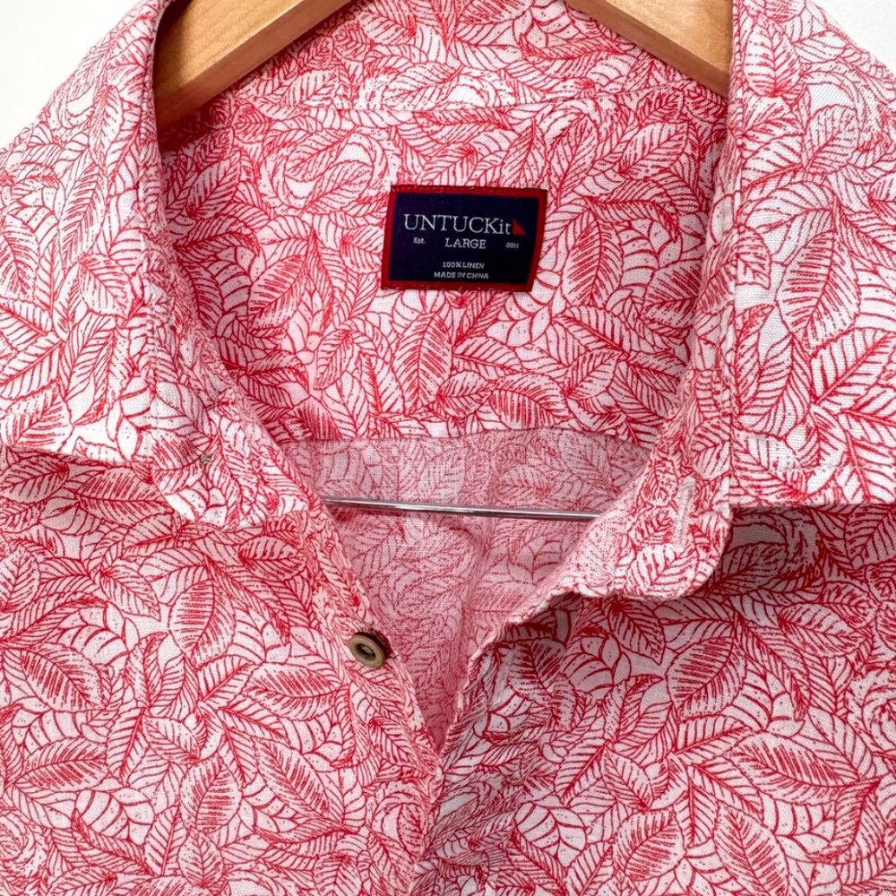 UNTUCKit Hawaiian 100% Linen Shirt Red Tropical Print Short Sleeve Sz L Vacation - Picture 4 of 8